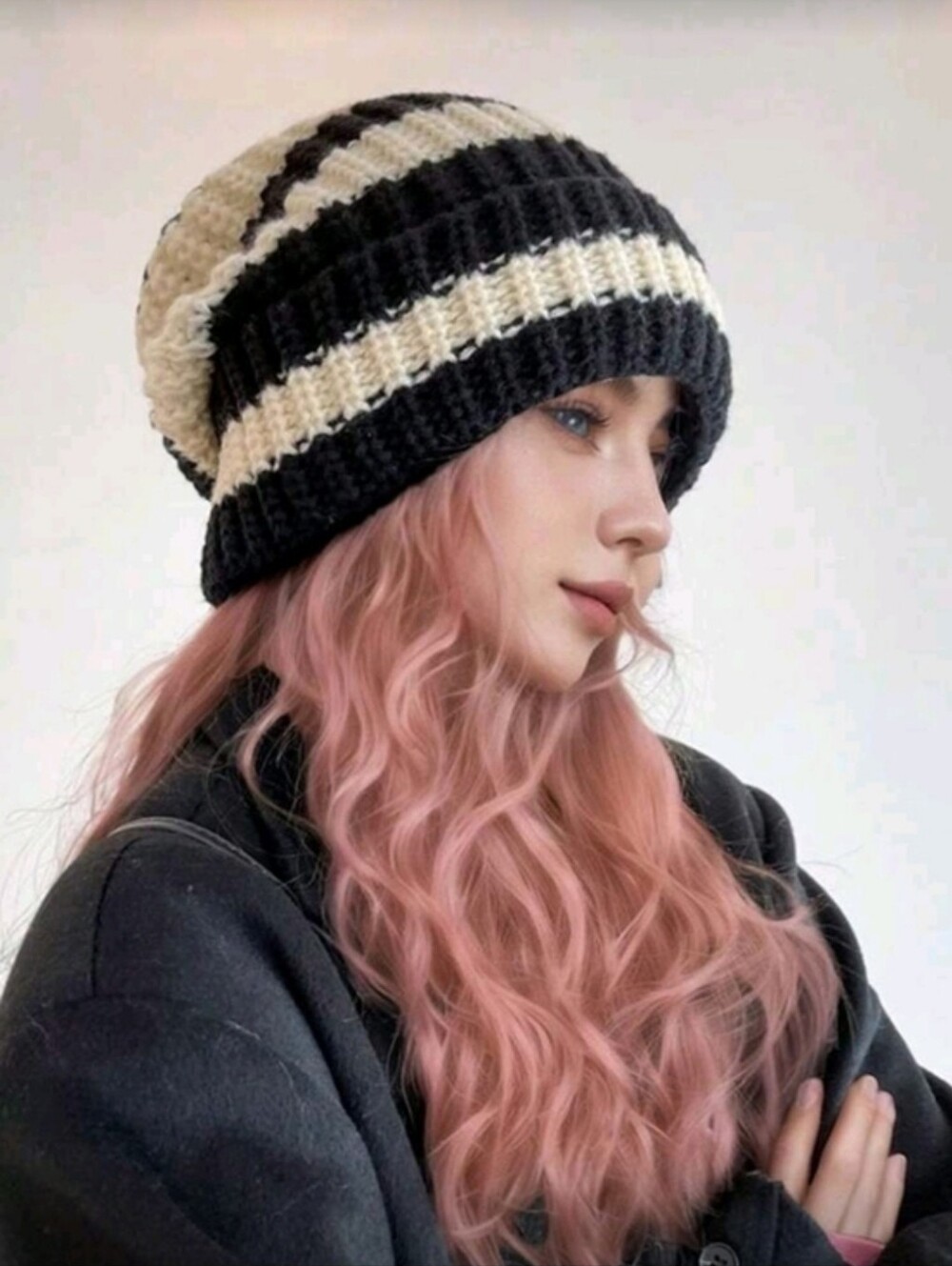 Black & Cream Striped Knit Beanie - Women